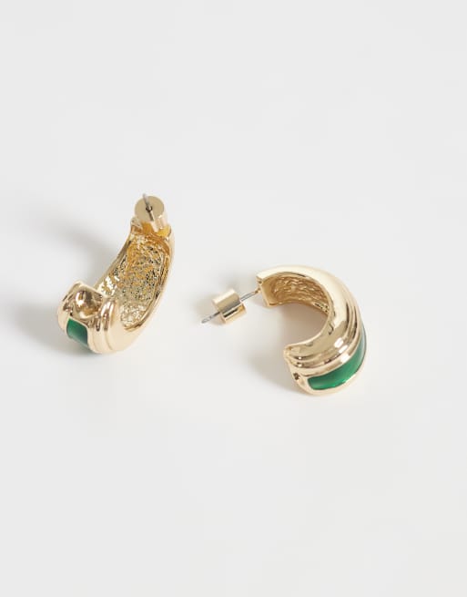 ASOS DESIGN vintage-style small half-hoop studs with green resin detail in gold tone, 4 of 4
