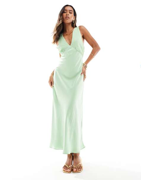ASOS DESIGN vintage style V neck midi slip dress with delicate embroidery in sage - view 1