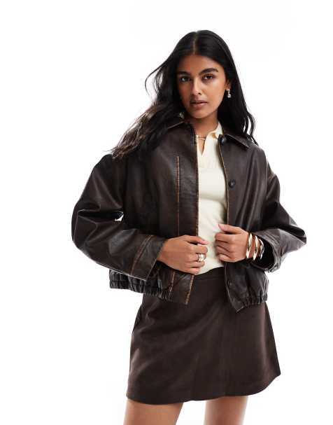 ASOS DESIGN vintage wash leather look bomber jacket in brown - view 1