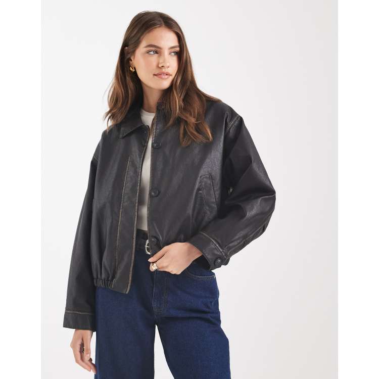 ASOS DESIGN vintage wash leather look bomber jacket in washed 