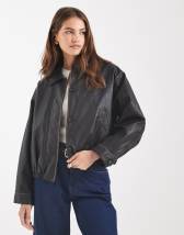 ASOS EDITION denim bomber jacket with tab sleeve detail in washed black