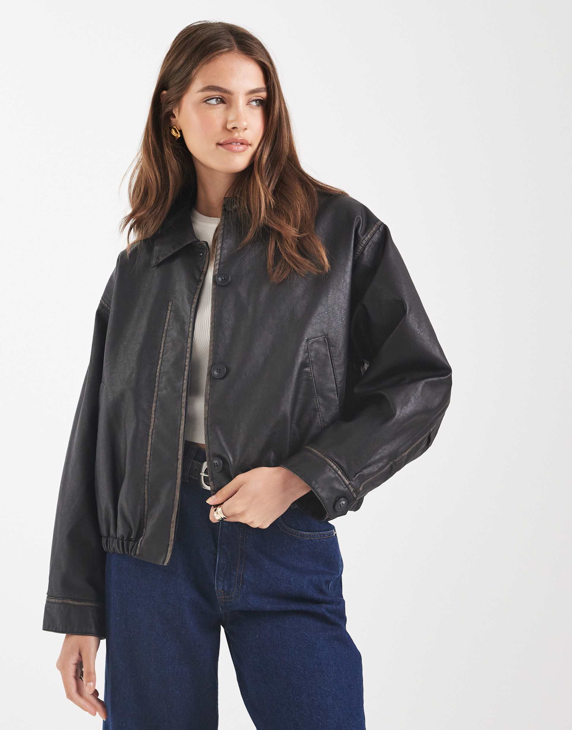 asos design vintage wash leather look bomber jacket in washed black