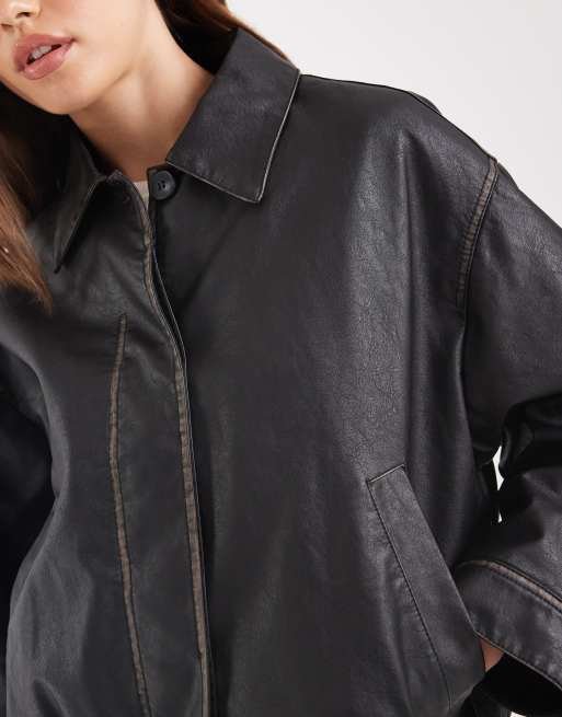 ASOS DESIGN vintage wash leather look bomber jacket in washed black
