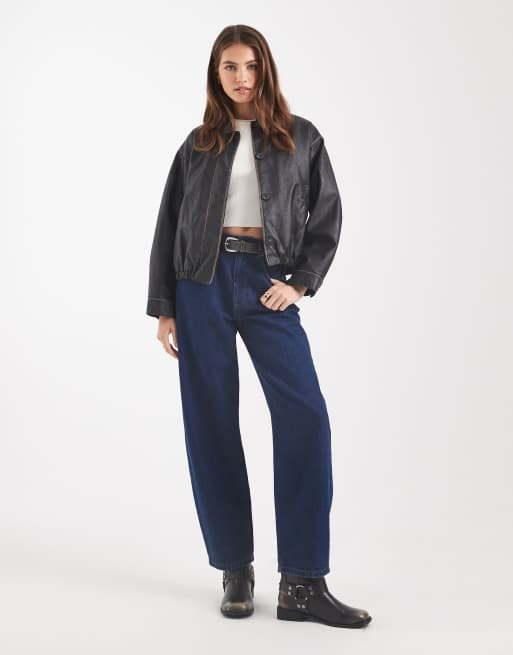 ASOS DESIGN vintage wash leather look bomber jacket in washed black