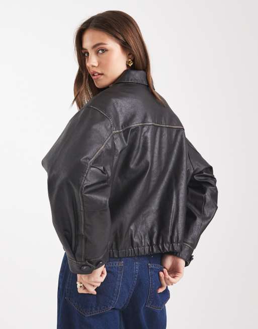 ASOS DESIGN vintage wash leather look bomber jacket in washed black