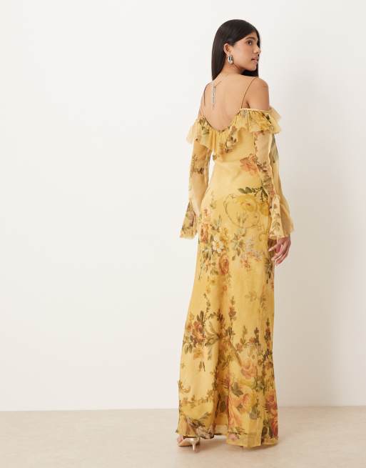 ASOS DESIGN – Vintageblommig maxiklänning med bara axlar, långa ärmar och volang, 3 av 4