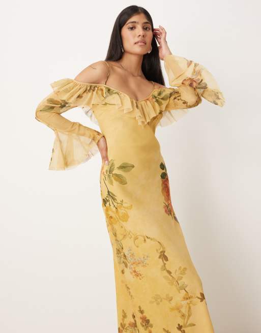 ASOS DESIGN – Vintageblommig maxiklänning med bara axlar, långa ärmar och volang, 4 av 4