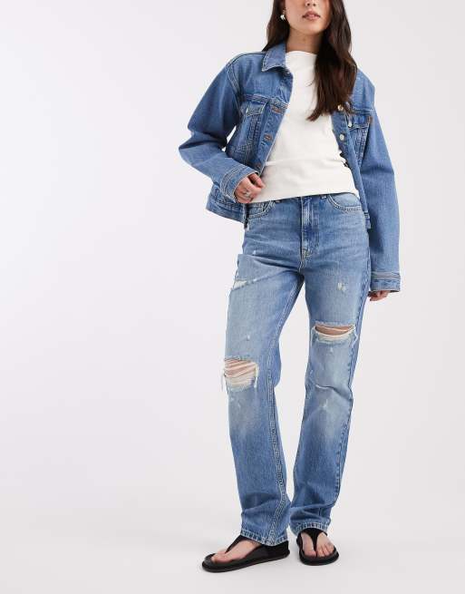 ASOS DESIGN – Vintagetvättade, raka jeans i 90-talsstil med revor