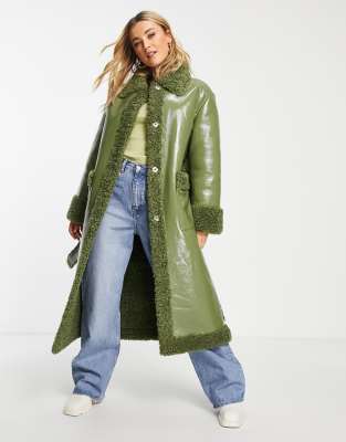 green maxi borg coat