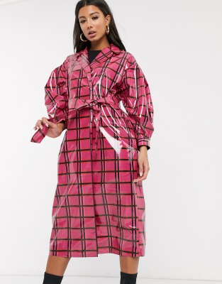 asos design trench coat in red check