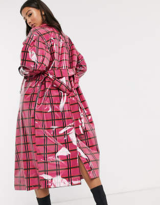 asos design trench coat in red check