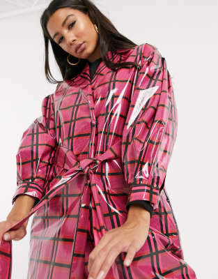 asos design trench coat in red check