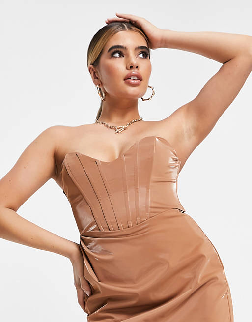  vinyl corset midi bodycon dress in caramel 