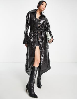 Asos Design Vinyl Cracked Trench Coat In Brown