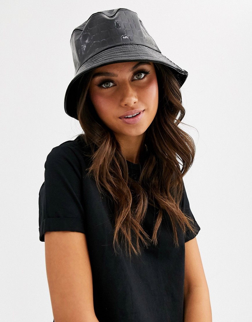 ASOS DESIGN vinyl croc bucket hat in black