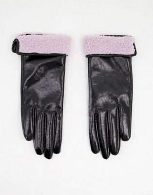 ASOS DESIGN vinyl gloves with borg turnover trim in lilac