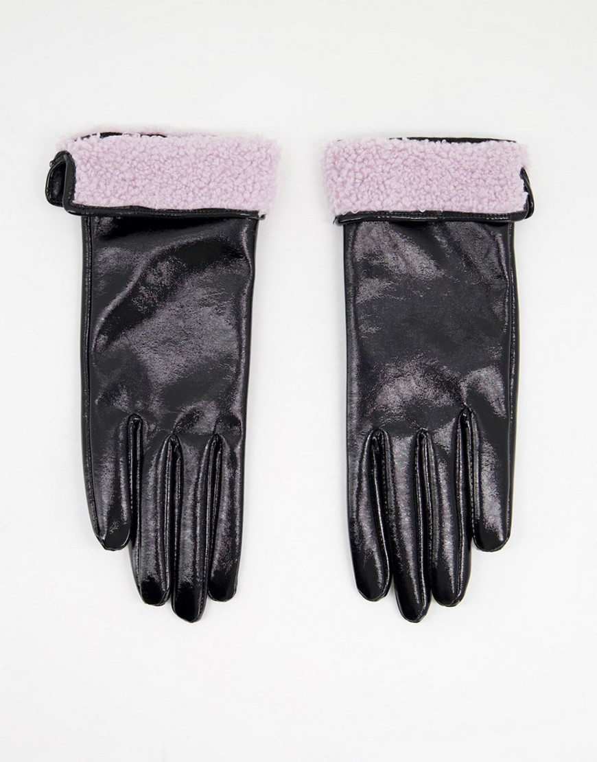 ASOS DESIGN vinyl gloves with borg turnover trim in lilac-Multi
