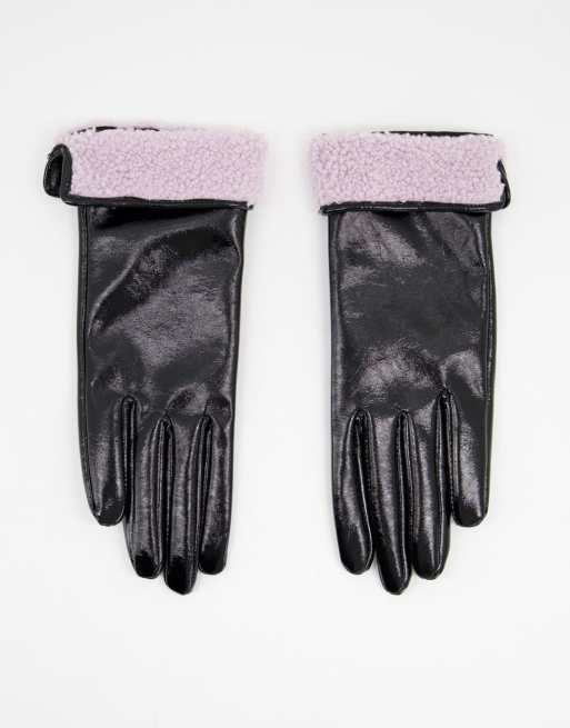 ASOS DESIGN vinyl gloves with borg turnover trim in lilac