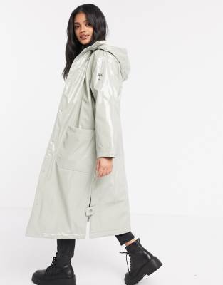 Asos Design Vinyl Maxi Raincoat In Sage-green