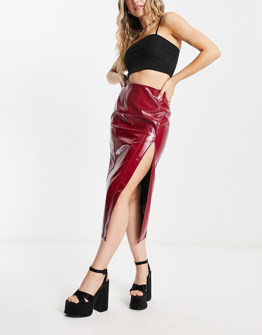 ASOS DESIGN vinyl midi skirt with split detail in red