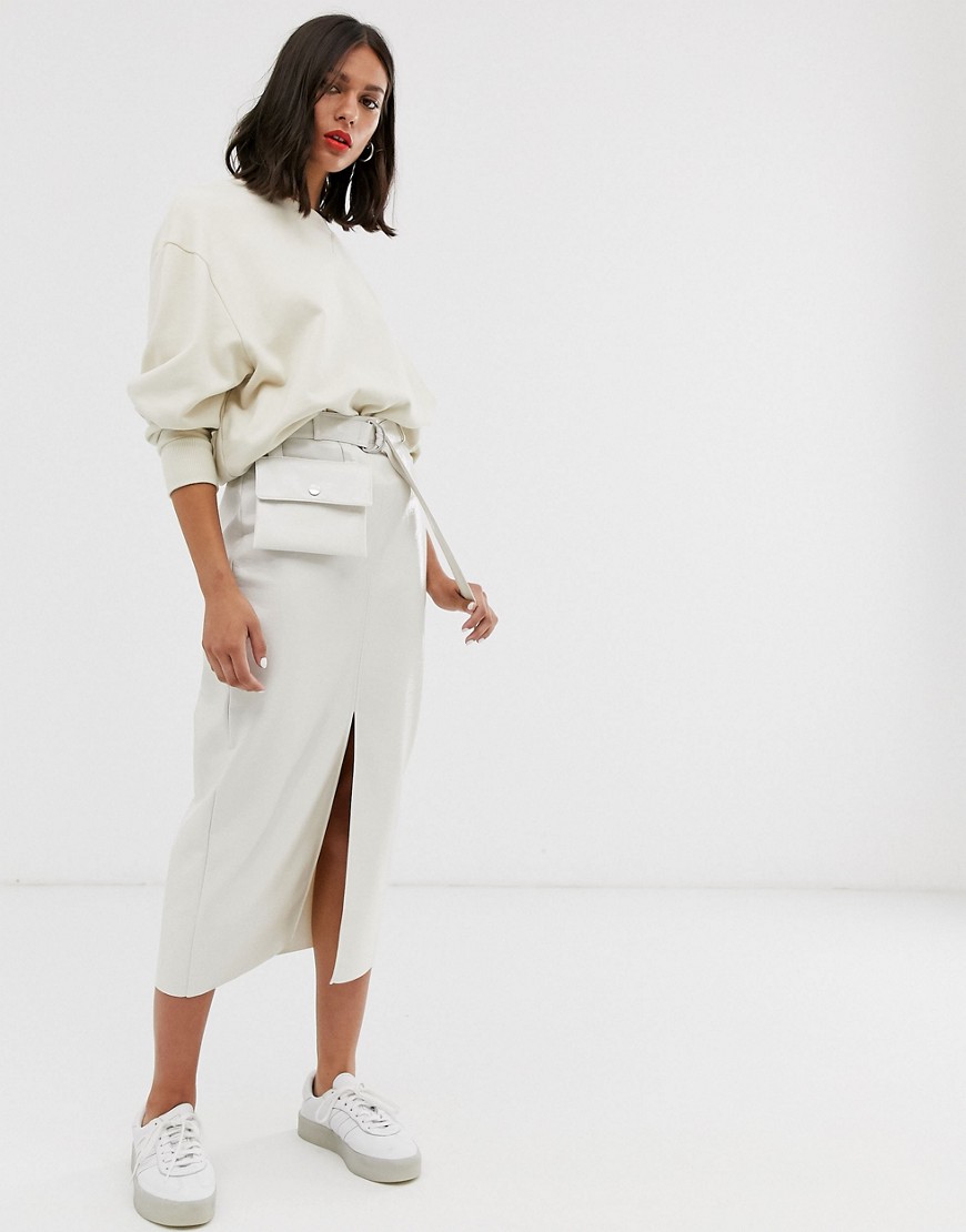 ASOS DESIGN vinyl pencil skirt with belt bag-Cream