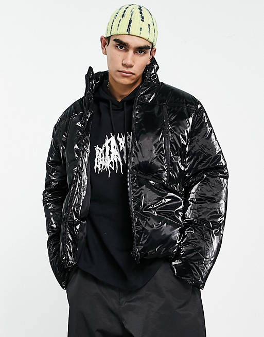 ASOS DESIGN vinyl puffer jacket in black | ASOS