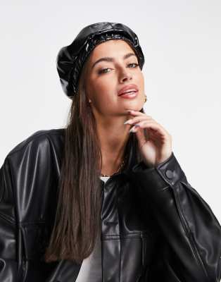 ASOS DESIGN VINYL RUCHED BAND BERET IN BLACK VINYL