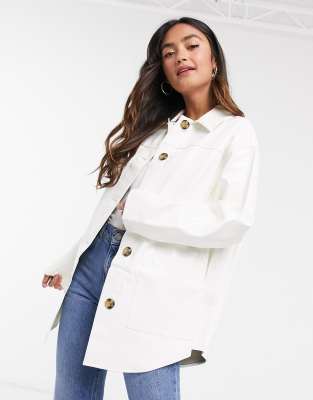Asos Design Vinyl Shacket In Cream-white ModeSens