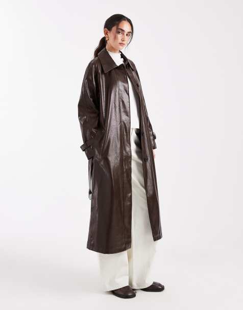 ASOS DESIGN vinyl top collar trench jacket in chocolate