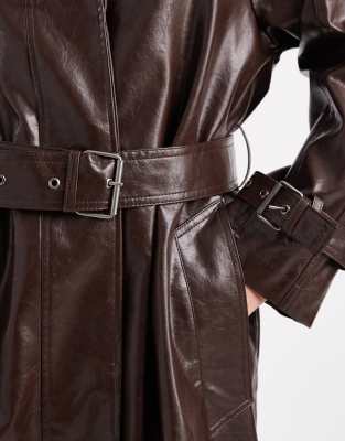 Asos Design Vinyl Top Collar Trench Jacket In Brown