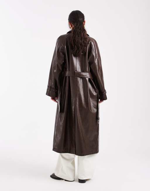 ASOS DESIGN vinyl top collar trench jacket in chocolate, 4 of 4