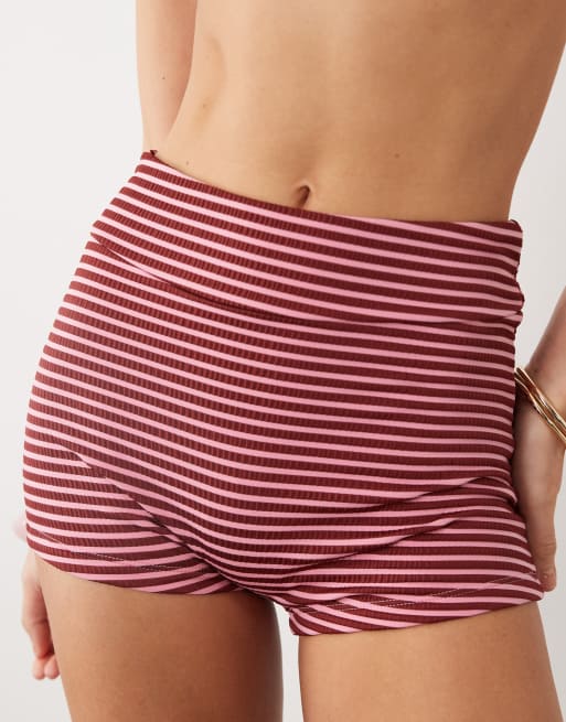 ASOS DESIGN - Violet - Braguitas de bikini estilo pantalones muy cortos a rayas rosas y burdeos anudadas, 2 de 4