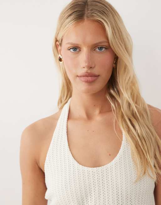 ASOS DESIGN virkad jersey-topp med djup halsringning i krämfärg, set, 3 av 4