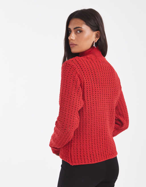 ASOS DESIGN virkad stickad jacka med ståkrage och dragkedja i rött, 4 av 4
