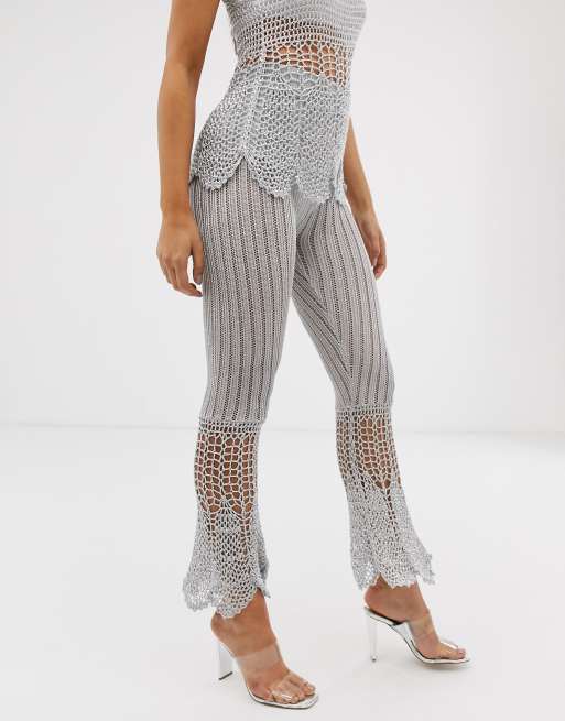 ASOS DESIGN – Virkade, utsvängda byxor med hög midja i metalliskt garn, del av set, 4 av 4
