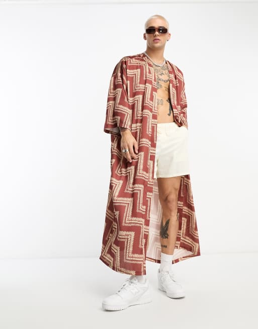 ASOS DESIGN – Virkat mönstrad, lång kimono i satin