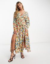 ASOS DESIGN angel sleeve plunge tiered maxi dress with cut out and rouleux  detail in blurred floral print