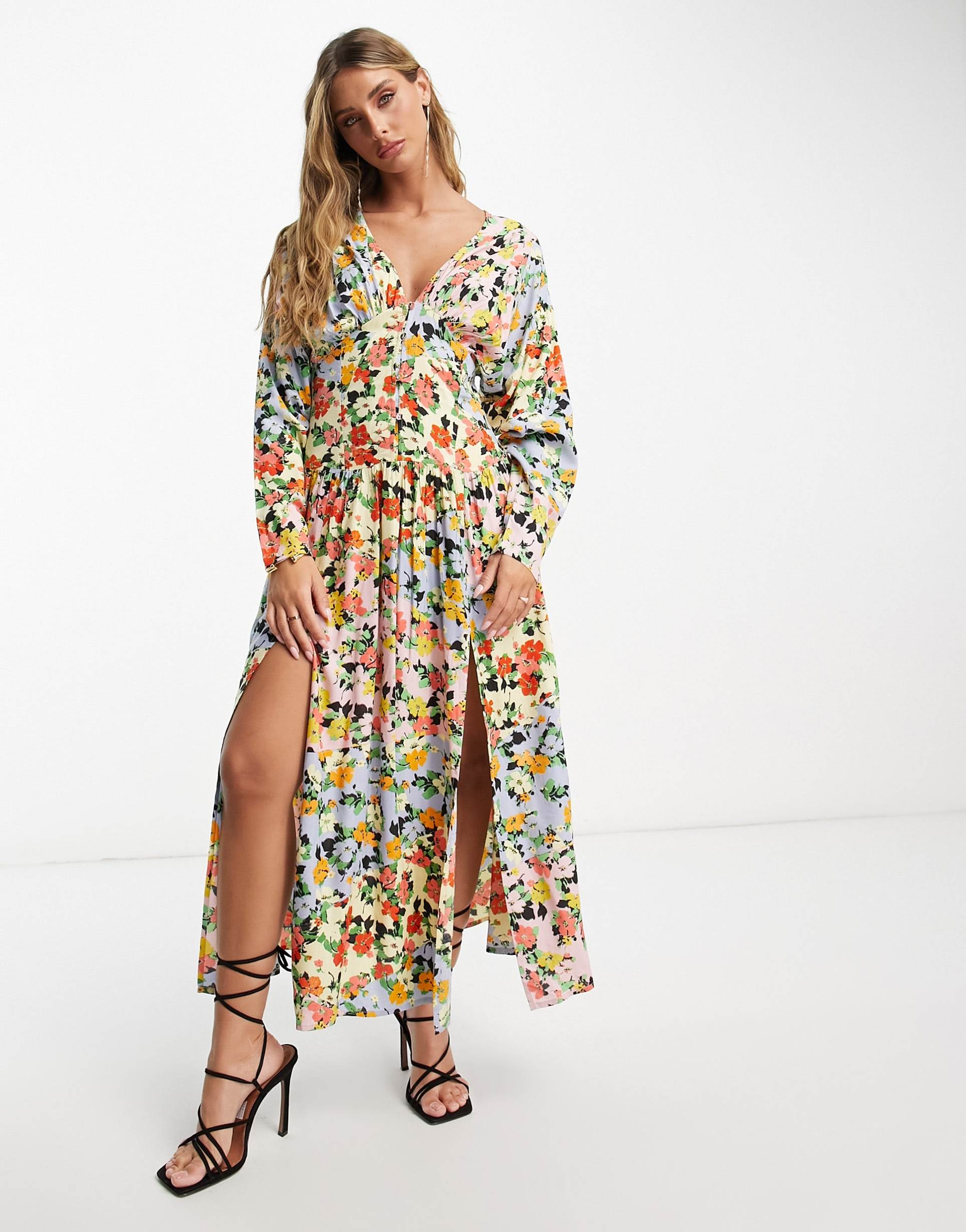 asos design viscose batwing button through midi tea dress in ditsy floral