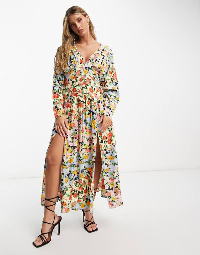 ASOS DESIGN viscose batwing button through midi tea dress in ditsy floral