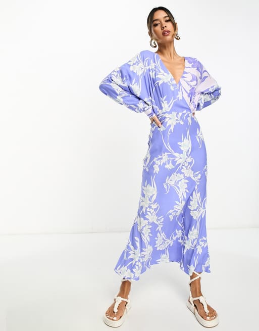 Pale blue floral 2025 print batwing dress