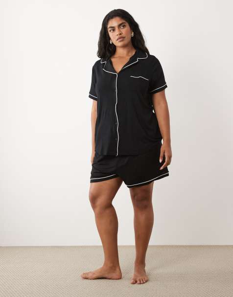 ASOS DESIGN viscose Curve extra zachte pyjamaset met overhemd met korte mouwen en short in zwart - view 1