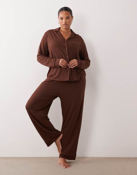 ASOS DESIGN Viscose Curve super soft long sleeve shirt & trouser pyjama set in chocolate - view 1