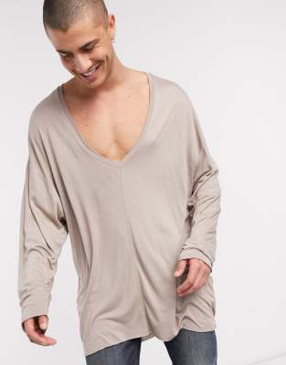 ASOS DESIGN v neck long sleeve t-shirt in grey marl