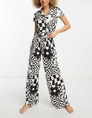 ASOS DESIGN satin floral animal shirt & trouser pyjama set in black & white - ASOS Price Checker