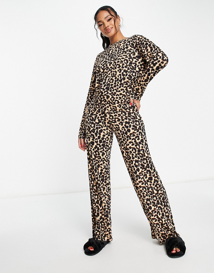 Asos Design Viscose Leopard Long Sleeve Top & Wide Leg Pants Pajama Set In Brown