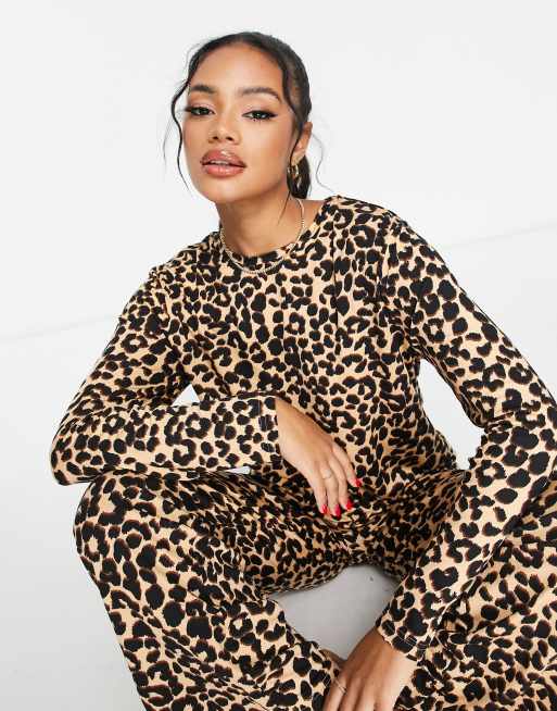 ASOS DESIGN viscose leopard long sleeve top wide leg pants pajama set in brown