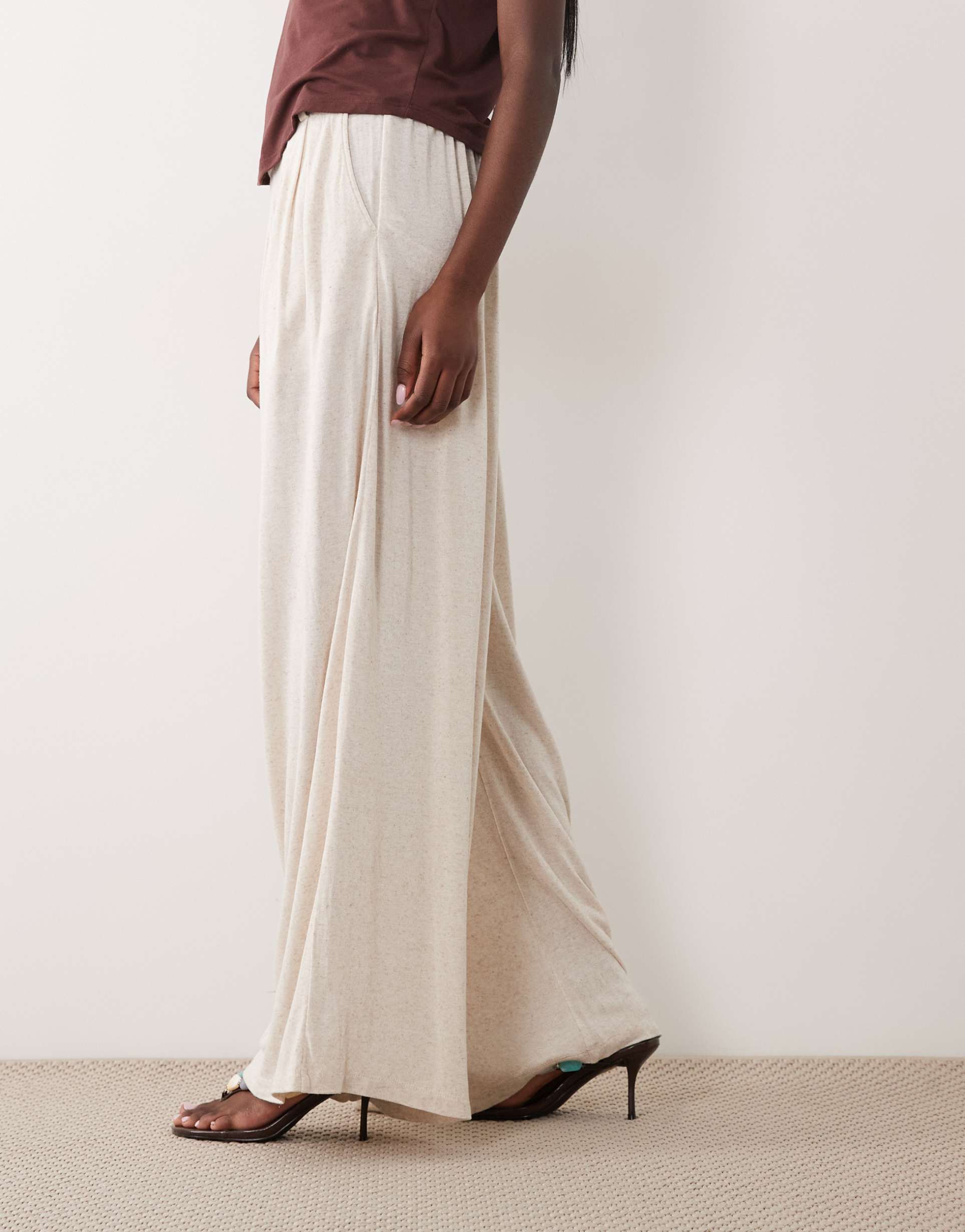 asos design viscose linen blend super wide leg pants in cream heather