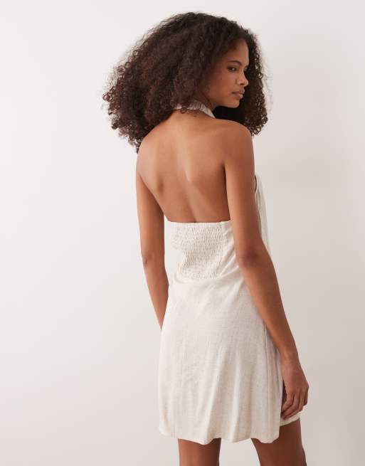 ASOS DESIGN viscose linen halter neck wrap mini sundress in oat , 4 of 4