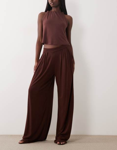 ASOS DESIGN viscose linen super wide leg pants in chocolate - view 1