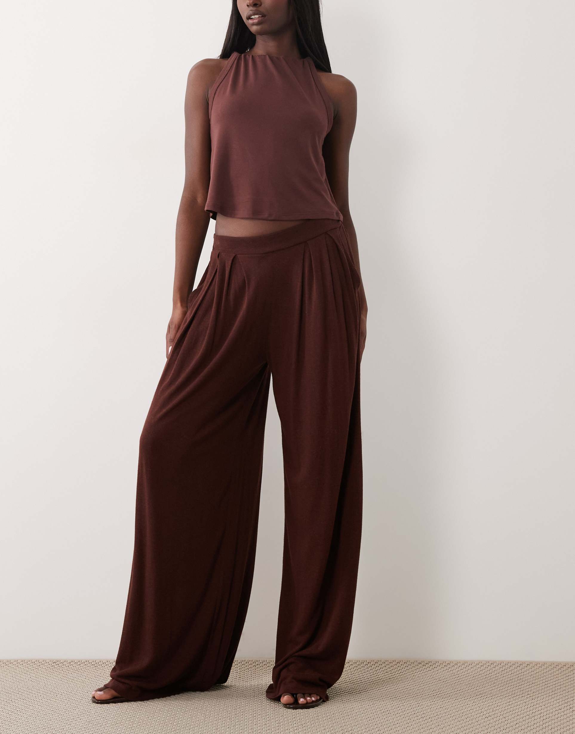 asos design viscose linen super wide leg pants in chocolate